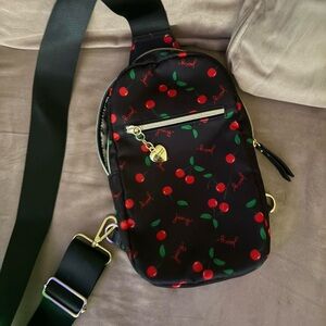Versatile Black/Red Cherry Print Juicy Couture Fanny Pack w gold heart pendant